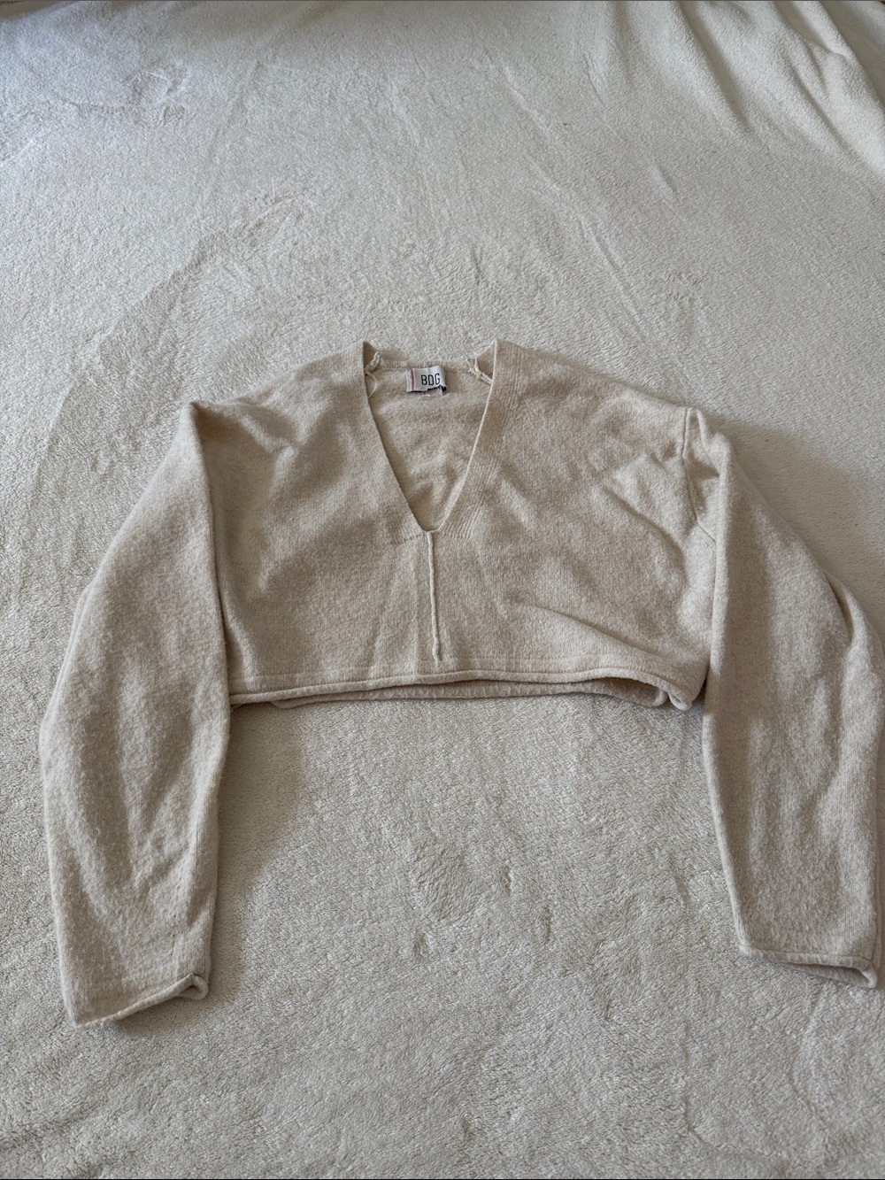 BDG Cropped V-Neck Sweater in Light Cream